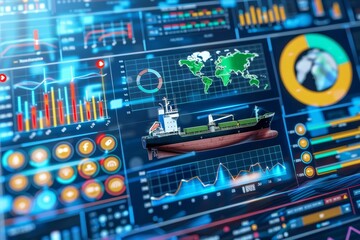 A 3D illustration of a cargo ship docked at a port, integrated with a digital interface displaying data and analytics. The image highlights modern maritime logistics and technology.