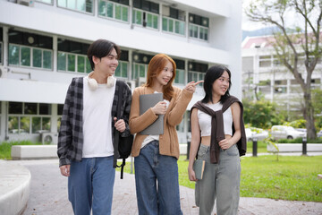 Three university students are walking outside on campus, chatting and smiling as they go to their next class