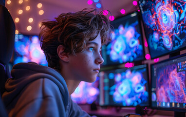 Obraz premium Teenager Immersed in a High-Tech Gaming Setup with Multiple Monitors, Showcasing Intense Focus and Modern Technology in a Vibrant, LED-Lit Environment