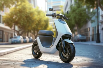 A white electric scooter is parked on a city street