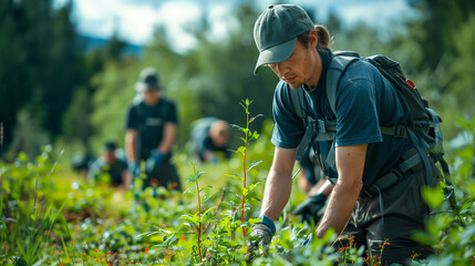 activists volunteers working on environmental conservation efforts, planting seeds, growing plants, sustainable 