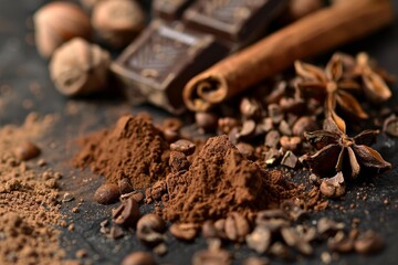 Artistic display of rich chocolate, cocoa powder, coffee beans, and aromatic spices on a dark surface