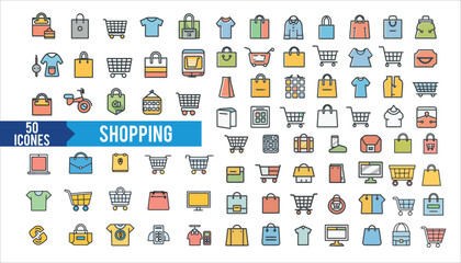 Fototapeta premium Shopping icon collection set.Containing add to cart, remove, basket, bag, t shirt, calculator, monitor, Online shopping, store, delivery, promotion and shopping cart symbol icon.Simple flat vector.