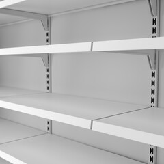 Close-up of retail empty white shelves mockup. 3d illustration