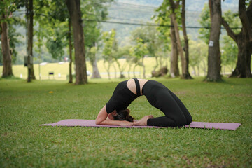 Woman peacefully practices yoga in a sunny park, surrounded by lush greenery, enhancing her wellbeing and flexibility