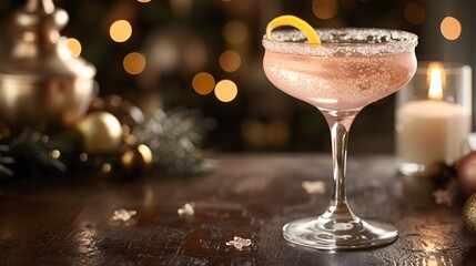 Vintage-Inspired Coupe Glass with Bubbly Pink French 75 Cocktail in Moody,Dramatic Setting