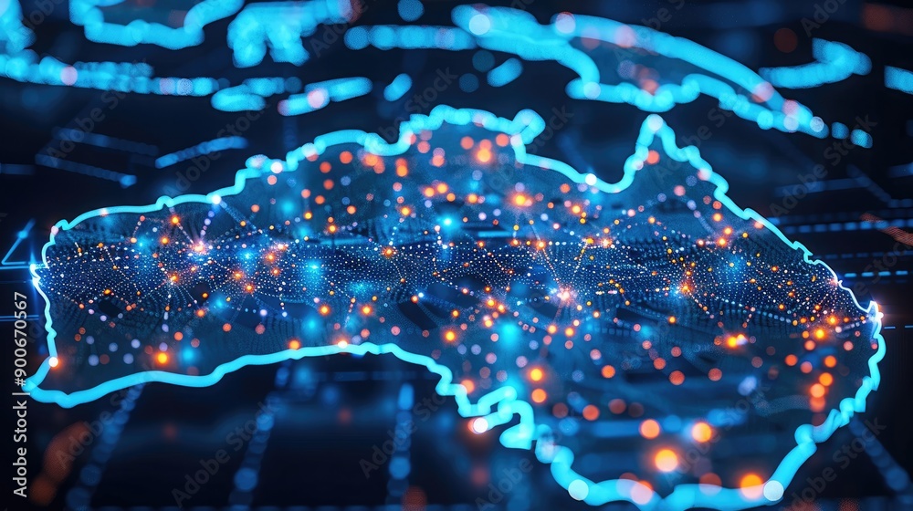 Fototapete Digital map of Australia highlighting network connectivity and data transfer for tech business telecommunications. Generative AI.
