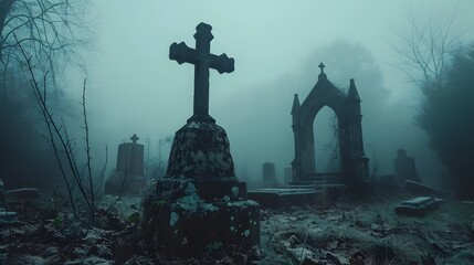 Shrouded in Mist:Haunting Graveyard Backdrop with Ancient Tombstones and Moody Gothic Atmosphere