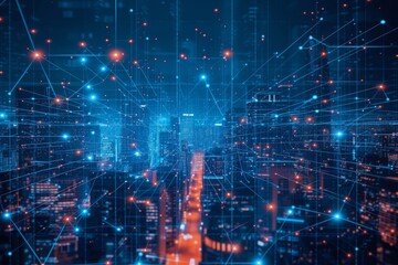 Obraz premium A futuristic city skyline with a dense network of blue lines and glowing red and blue nodes, connecting buildings and streets