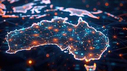 Digital map of Australia highlighting network connectivity and data transfer for tech business telecommunications. Generative AI.