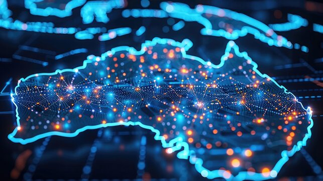 Digital map of Australia highlighting network connectivity and data transfer for tech business telecommunications. Generative AI.