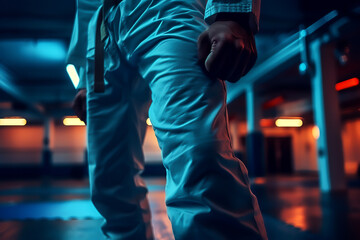 Close-up of a martial artist in a dojo, highlighting white uniform and belt. Dimly lit training area creates a focused and intense ambiance. high quality.