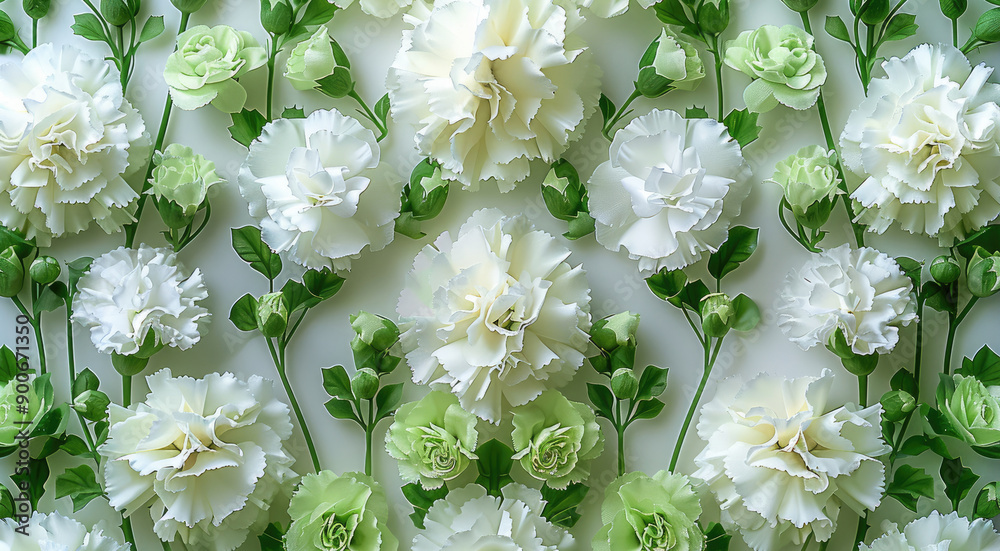 Aufkleber pure white background with white carnations mixed with green carnations. generative ai.