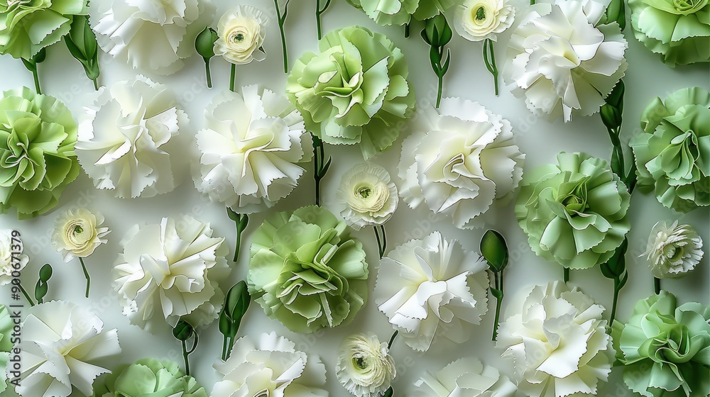 Aufkleber pure white background with white carnations mixed with green carnations. generative ai.