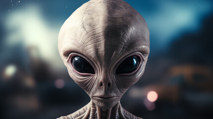Close-Up Of An Alien With Large Black Eyes And Detailed Skin Texture In A Futuristic Background