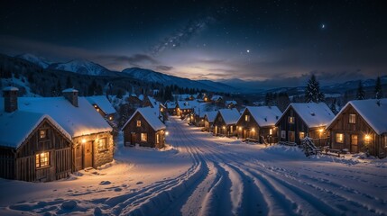 Winter Night Village: Snow-Covered Cabins, Starry Sky, Mountain Landscape, Cozy Lights, Peaceful Winter Scene