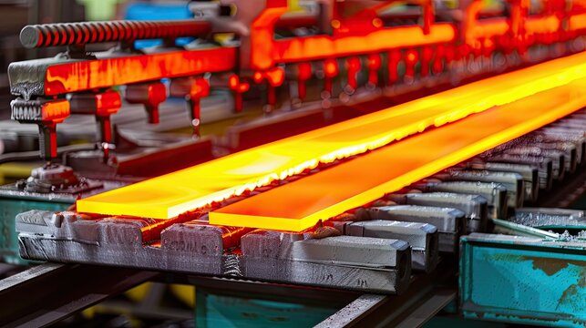 A hot metal billet is formed on a line in a hot shop. Metallurgical production. Heat treatment of metals and alloys. Slabs rolled or cast. Illustration for cover, brochure, advertising or presentation