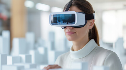 An architect wearing a virtual reality headset in an office, utilizing VR technology to visualize and interact with architectural models and designs in a modern workspace.