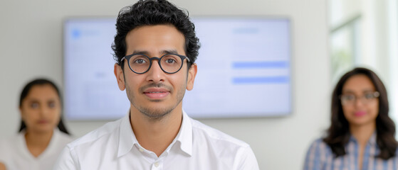 A young professional with glasses and curly hair smiles slightly in a collaborative office. The background shows colleagues and a presentation screen, indicating a productive environment.