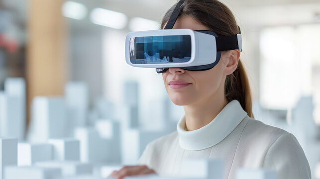 An architect wearing a virtual reality headset in an office, utilizing VR technology to visualize and interact with architectural models and designs in a modern workspace. - Powered by Adobe