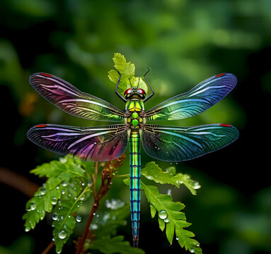 Dragonfly perched on a branch, close up image