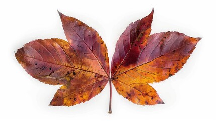 Fototapeta premium A vivid autumn leaf displaying rich shades of red, orange, and brown, perfect for nature and seasonal themes.