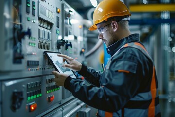 Engineer inspecting and repairing electrical control panel, using tablet for detailed diagnostics in industrial environment. Focus on precision and reliability in maintenance work