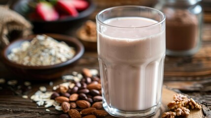 Protein shake in glass with ingredients in background, healthy drink,