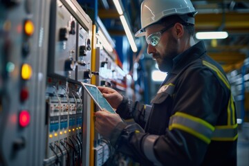 Fototapeta na wymiar Professional electrician inspecting and servicing electrical control panel with tablet in industrial environment. Focus on meticulous maintenance practices.
