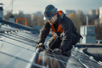 Technician conducting morning inspection and repair of solar cells on the factory rooftop. Engineer ensuring sustainable energy practices with meticulous attention.