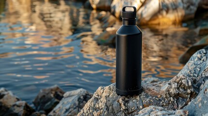 A black water bottle stands upright on a rocky shoreline, with the ocean reflecting sunlight in the background.