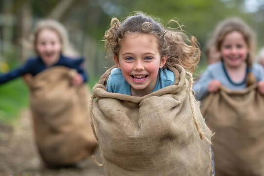 Joyful children participating in a burlap sack race. Perfect for illustrating fun, outdoor activities, teamwork, and childhood excitement. Ideal for educational and recreational content. - Powered by Adobe