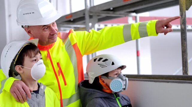 experienced male builder in yellow protective jacket, children in white hardhats came on excursion, father, grandfather tells grandchildren about his profession with background of high buildings