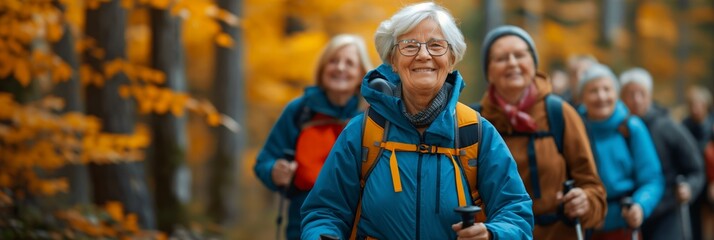 Seniors enjoying a fall hike. Elderly individuals in colorful jackets and backpacks walking through an autumn forest. Ideal for promoting active aging, outdoor activities, and healthy lifestyles