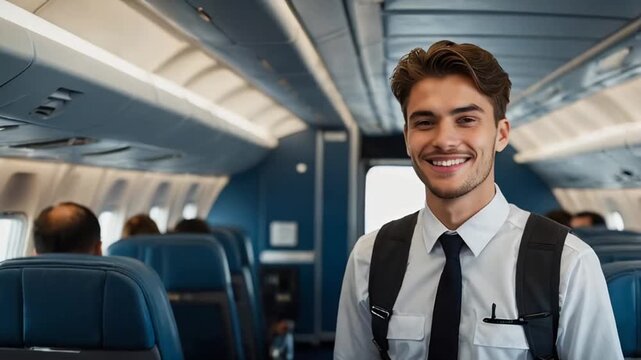 smiling male steward on the plane

