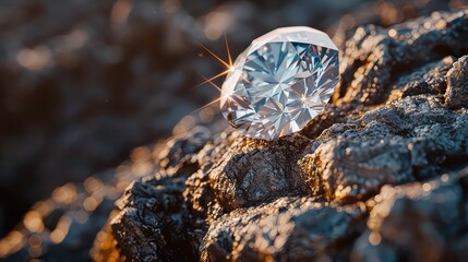 A close-up image of a single diamond resting on rough, glittering rocks, with the light reflecting off the facets of the gem.