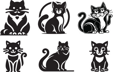 Black Cat Set Isolated White Background, Vector Illustration