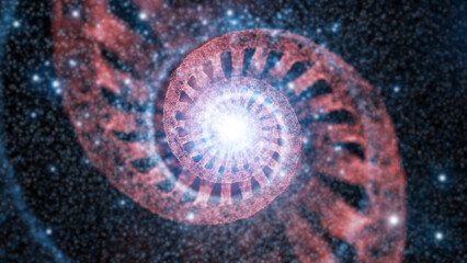 Fototapeta premium Abstract of a red and blue dna helix molecule on futuristic copy space illustration background. 
