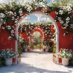 Fototapeta premium Red garden gate with white flowers and green plants in the background. The entrance to courtyard is decorated with arches. Generative AI.