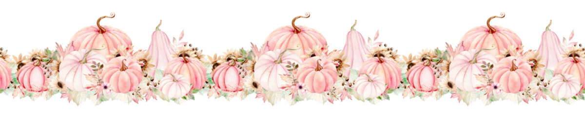 Pumpkins, Flowers and Autumn Leaves Border. Watercolor illustration on a white background. The drawing is hand drawn. Suitable for cards, invitations and textiles.