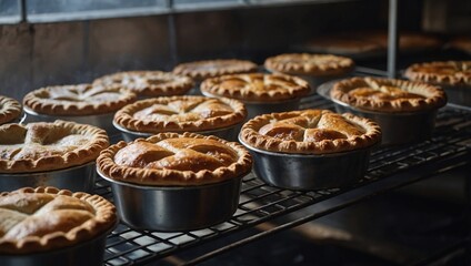 Warm, homemade pies cooling on a metal bakery rack