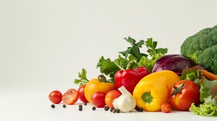 Fresh colorful vegetables arranged on a clean white background. Perfect for healthy eating concepts, food blogs, or culinary websites. Organic produce in vibrant colors. AI