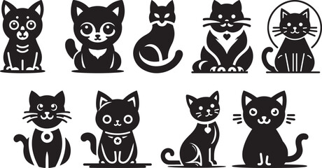 Black Cat Set Isolated White Background, Vector Illustration