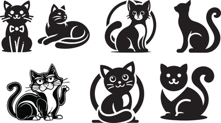 Black Cat Set Isolated White Background, Vector Illustration