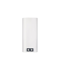 Modern tanked boiler in bathroom. Household budget water heater hanging on the wall in boiler room. Common electric storage tank water heater. Energy-efficient home heating system on white background