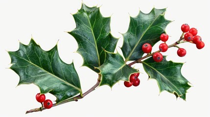 Beautiful holly branch with vibrant green leaves and bright red berries, perfect for festive decorations and seasonal themes.