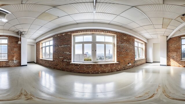 empty room with repair and brick walls in full seamless spherical hdri 360 panorama in interior white loft room for office or store in equirectangular projection : Generative AI