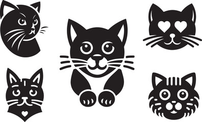 Black Cat Set Isolated White Background, Vector Illustration