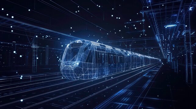An abstract and futuristic depiction of a train station at night with a glowing grid overlay, showcasing the potential of digital technology in transportation. - Powered by Adobe