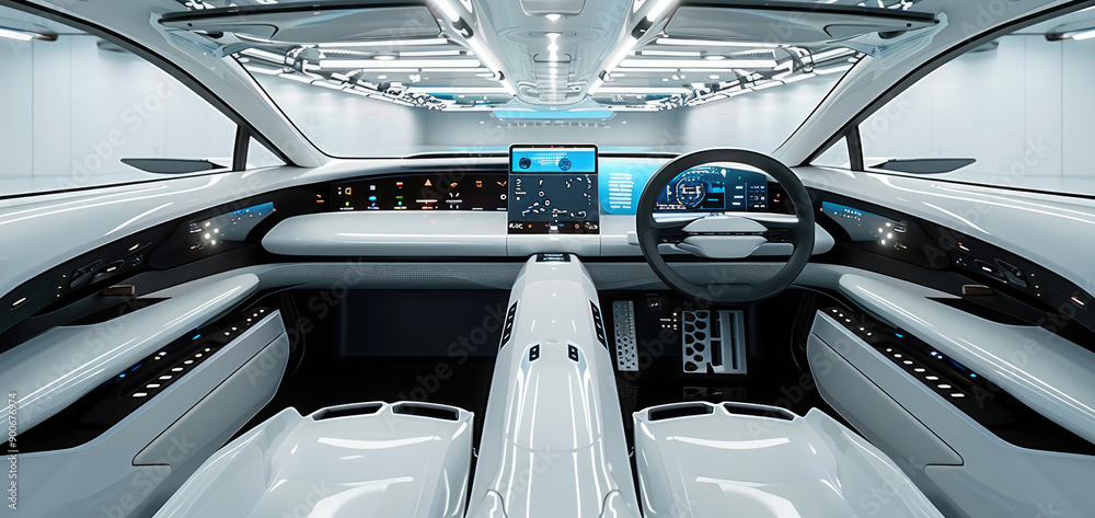 Poster a car front interior layout, showcasing its components in a line against a white background. generat